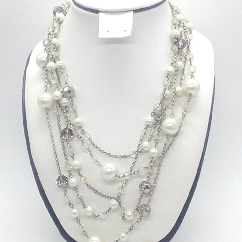 Faux Pearl & Beaded Necklace Multilayer 9-13" Silver Tone Chain